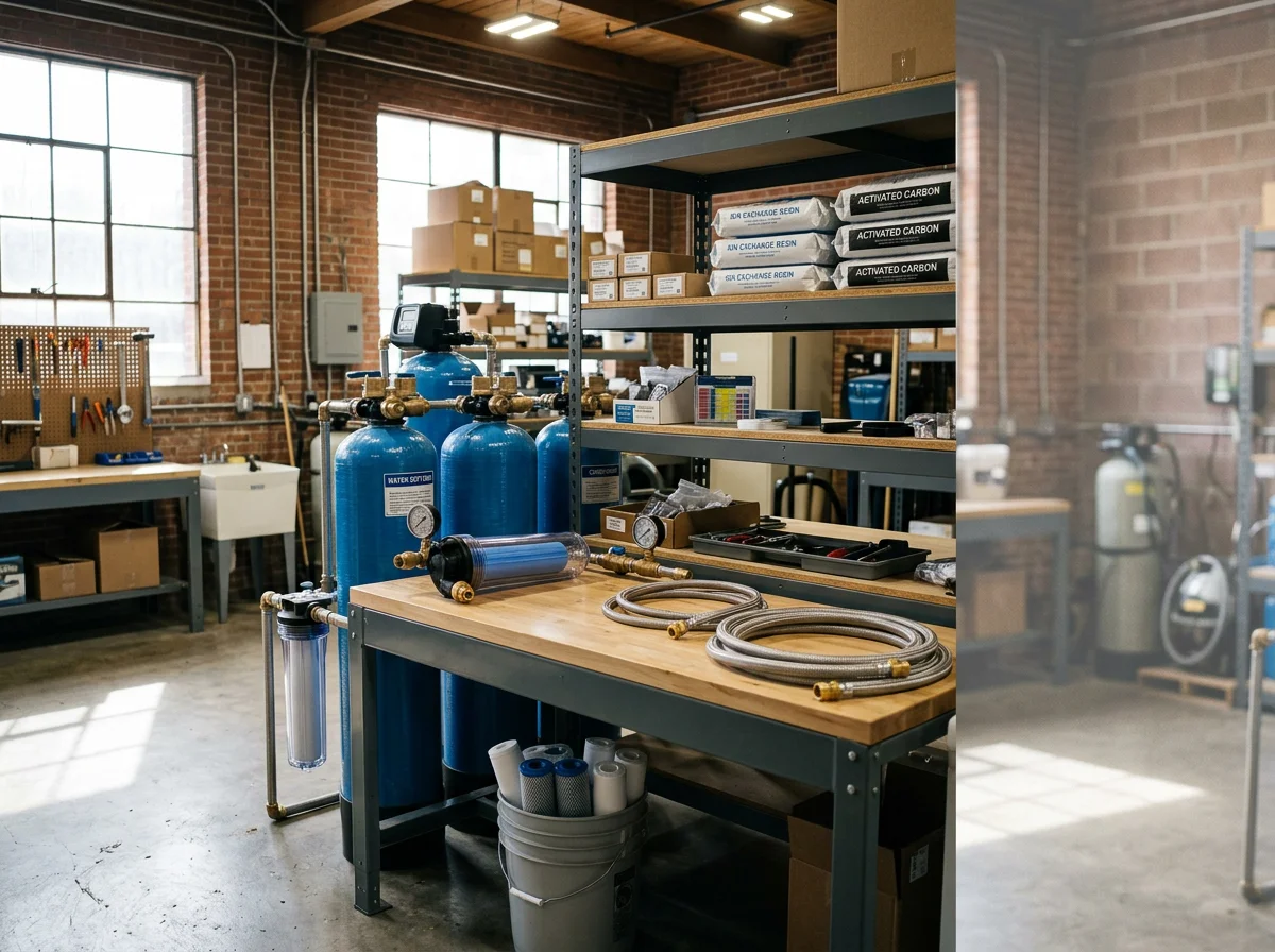 Water conditioning equipment and filtration systems in a service facility, showcasing the tools and products used for water treatment.