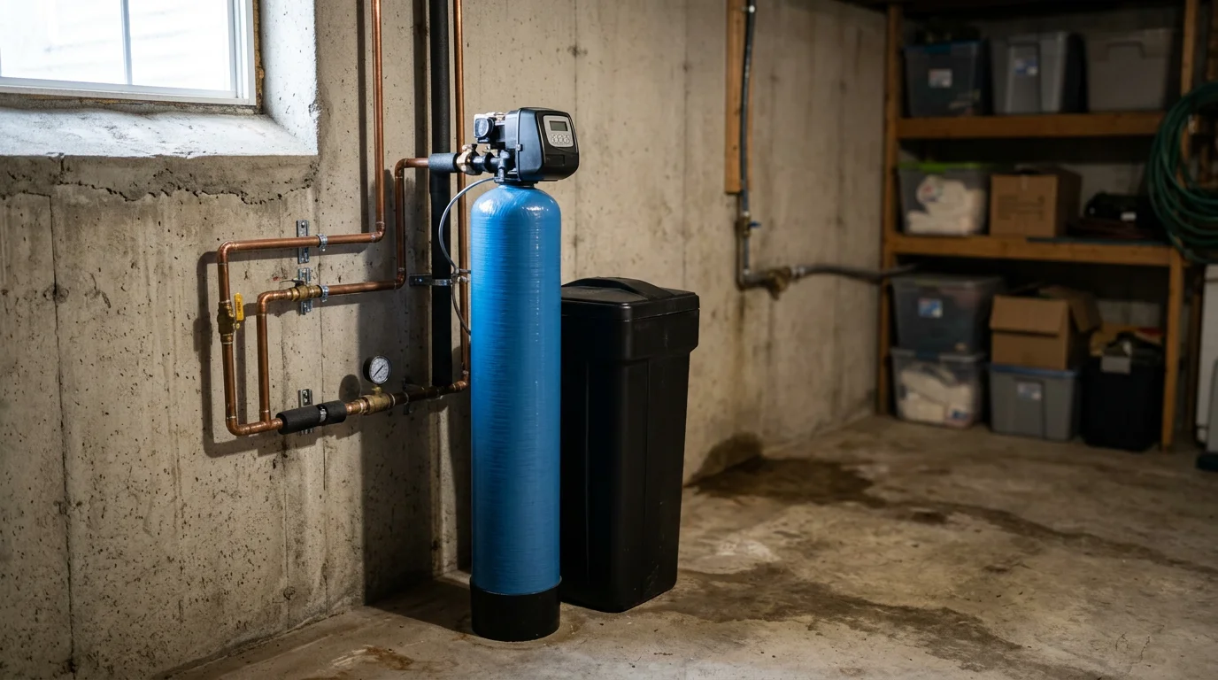 Water softening tank and filtration system installed in a home basement