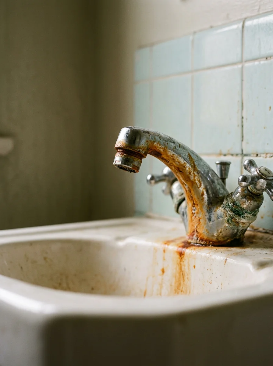 Orange iron staining on a bathroom sink fixture in a Monroe County Pocono-area home served by a private well.