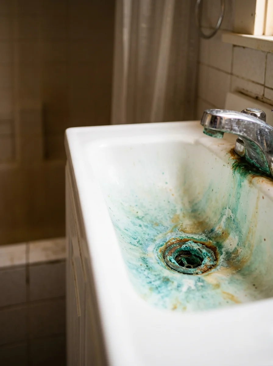 Blue-green copper staining around a bathroom drain in a Pike County home, indicating acidic well water corroding copper plumbing.