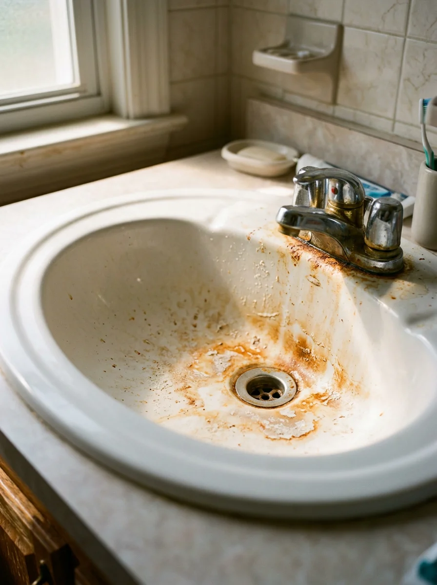 Close-up of orange iron staining around a sink drain in a Pocono region home, showing the need for iron filtration treatment.