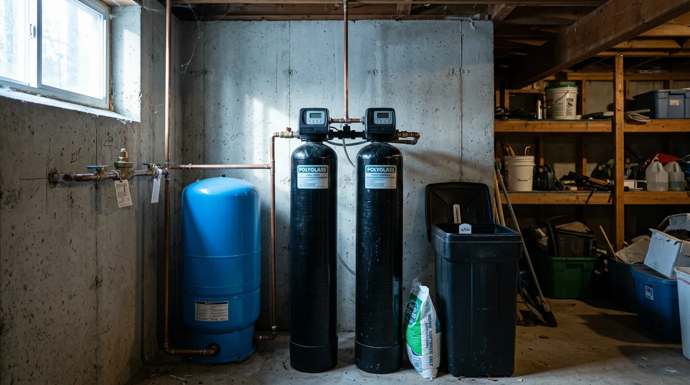 A water softener and iron filter system installed in the utility room of a Pocono Mountains home with a private well connection visible.