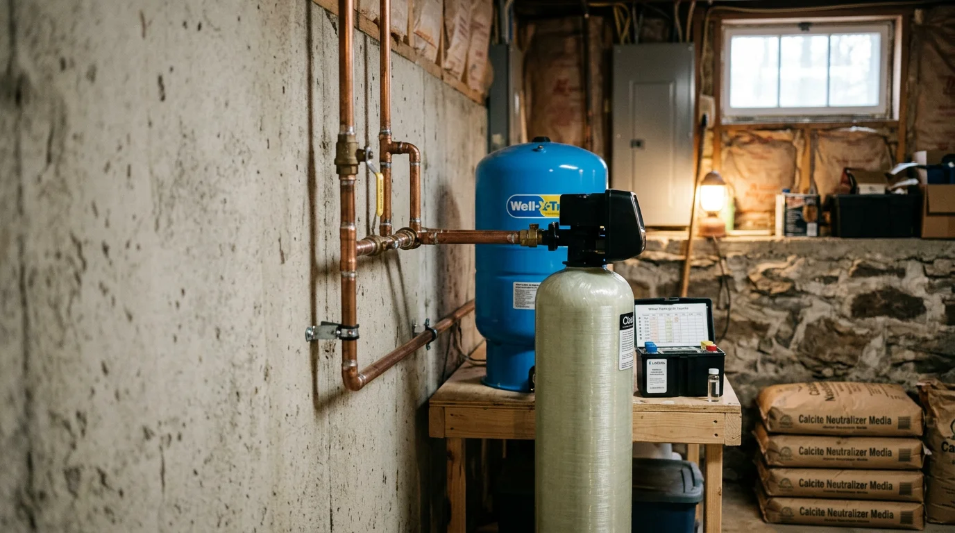 An acid neutralizer tank installed next to a well pressure tank in the basement of a Poconos, PA home. The system is connected to the main water supply line to treat water before it reaches household plumbing.