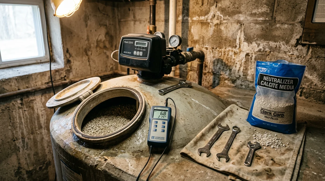 A water treatment technician inspecting an acid neutralizer tank in a basement utility room of a Poconos, PA home. The tank is open at the top and the technician is checking the calcite media level inside.