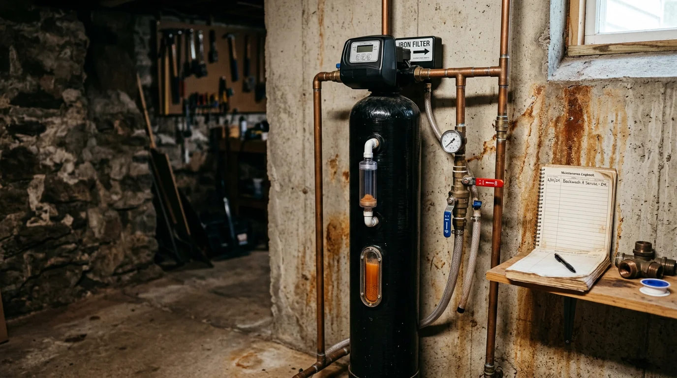 A whole-house chemical-free iron filter unit installed in the utility area of a Poconos, PA home served by private well water. Clear water flows from a kitchen tap after iron filtration, with no orange staining visible on the sink basin.