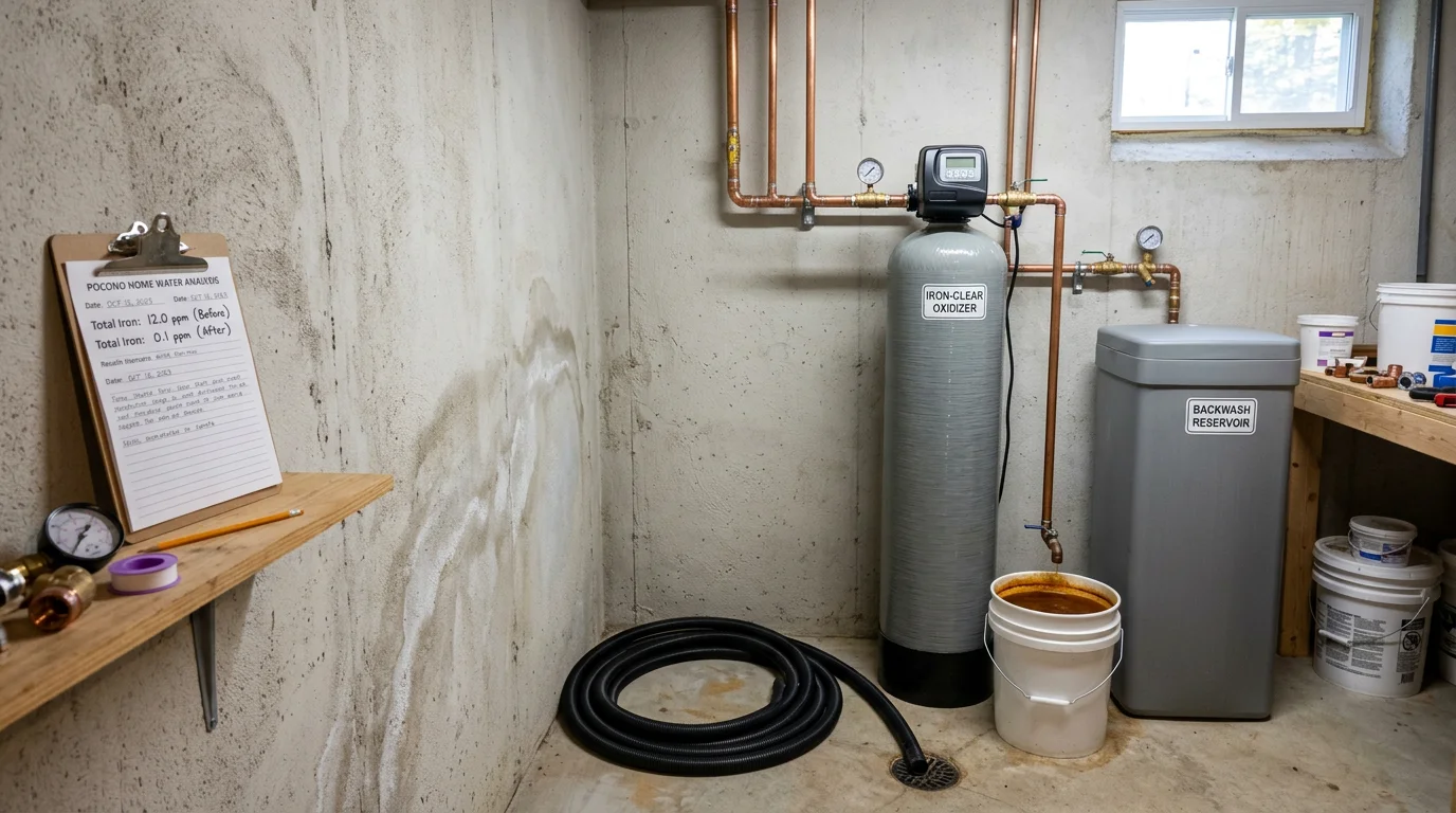 A whole-house iron filter system installed in the utility area of a Poconos, PA home, connected to a private well water line with a backwash tank alongside. The setup shows clean plumbing connections and a properly sized filter tank ready for use.