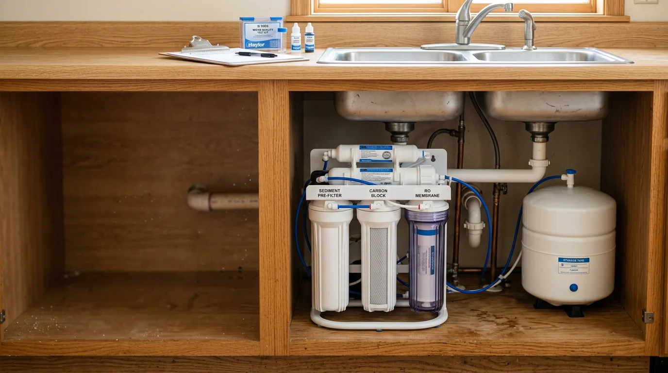 Under-sink reverse osmosis system installed in a Poconos, PA home kitchen, showing the filtration unit, storage tank, and dedicated drinking water faucet mounted at the sink.