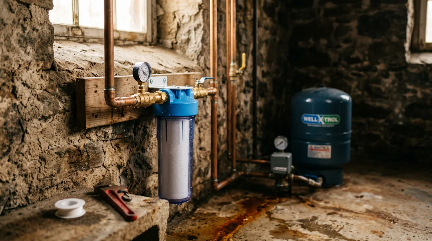 A whole-house sediment filter housing installed on a residential water line in a Poconos, PA home, positioned after the pressure tank to protect downstream plumbing and water treatment equipment.