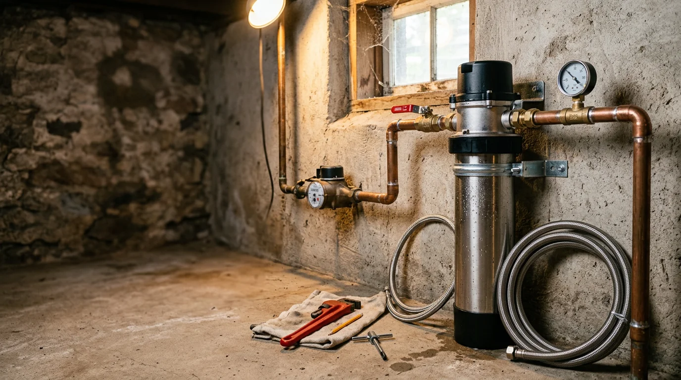 A whole-house sulfur filter system installed in the utility area of a Poconos, PA home, connected to the main water supply line entering from a private well. The tank and control valve are mounted neatly against the wall near the pressure tank.