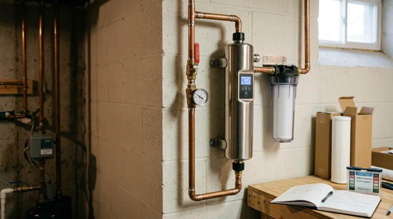 A UV light water purification system installed on a residential water supply line in a Poconos, PA home. The stainless steel UV chamber is mounted to the wall after a sediment pre-filter, with clear plumbing connections leading to the home's main water supply.