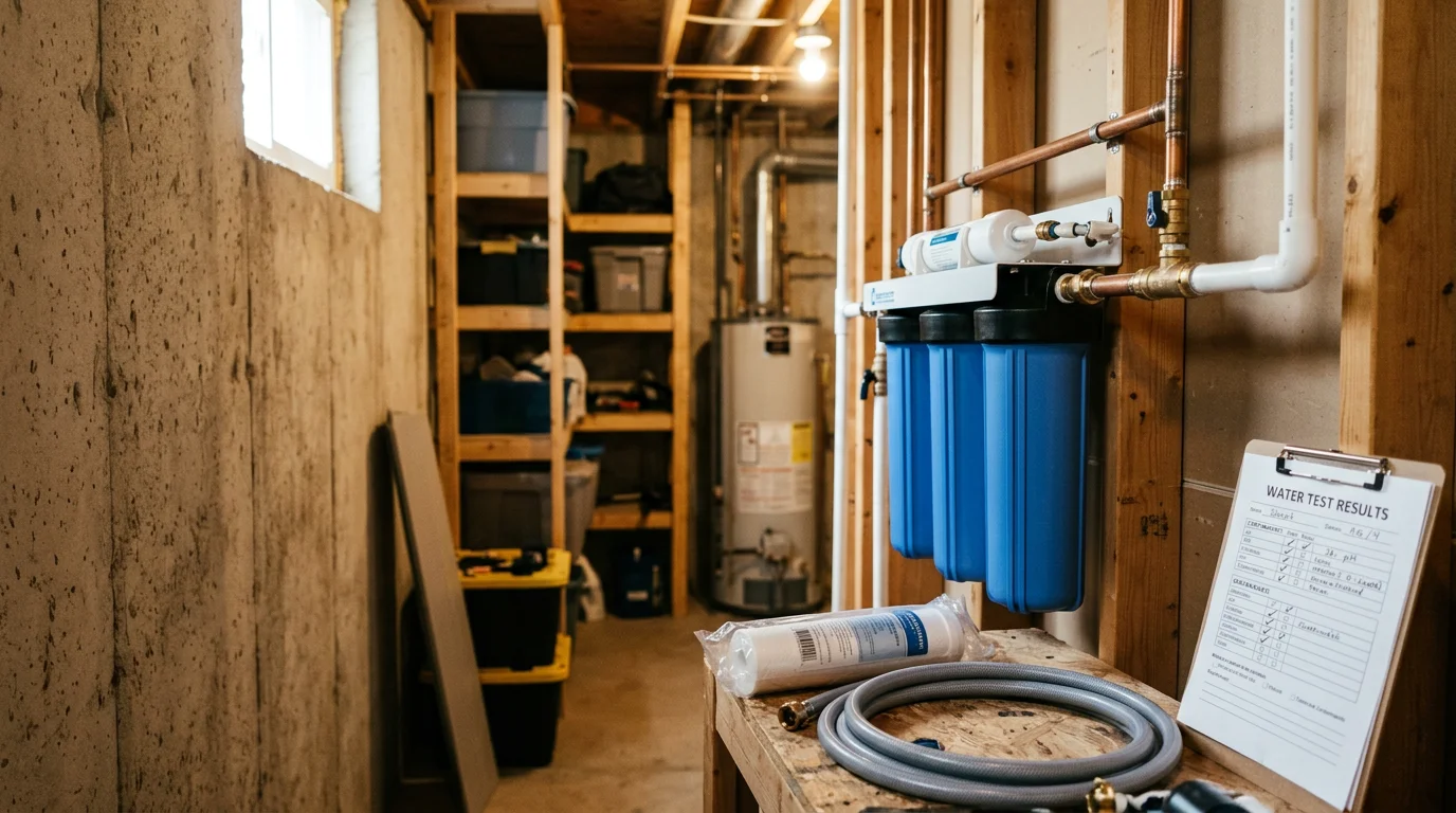 A water filter system installed in the utility area of a Poconos, PA home, connected to the main water supply line. The setup shows a whole-house filtration unit fitted for a private well water source common to Pike and Monroe County properties.