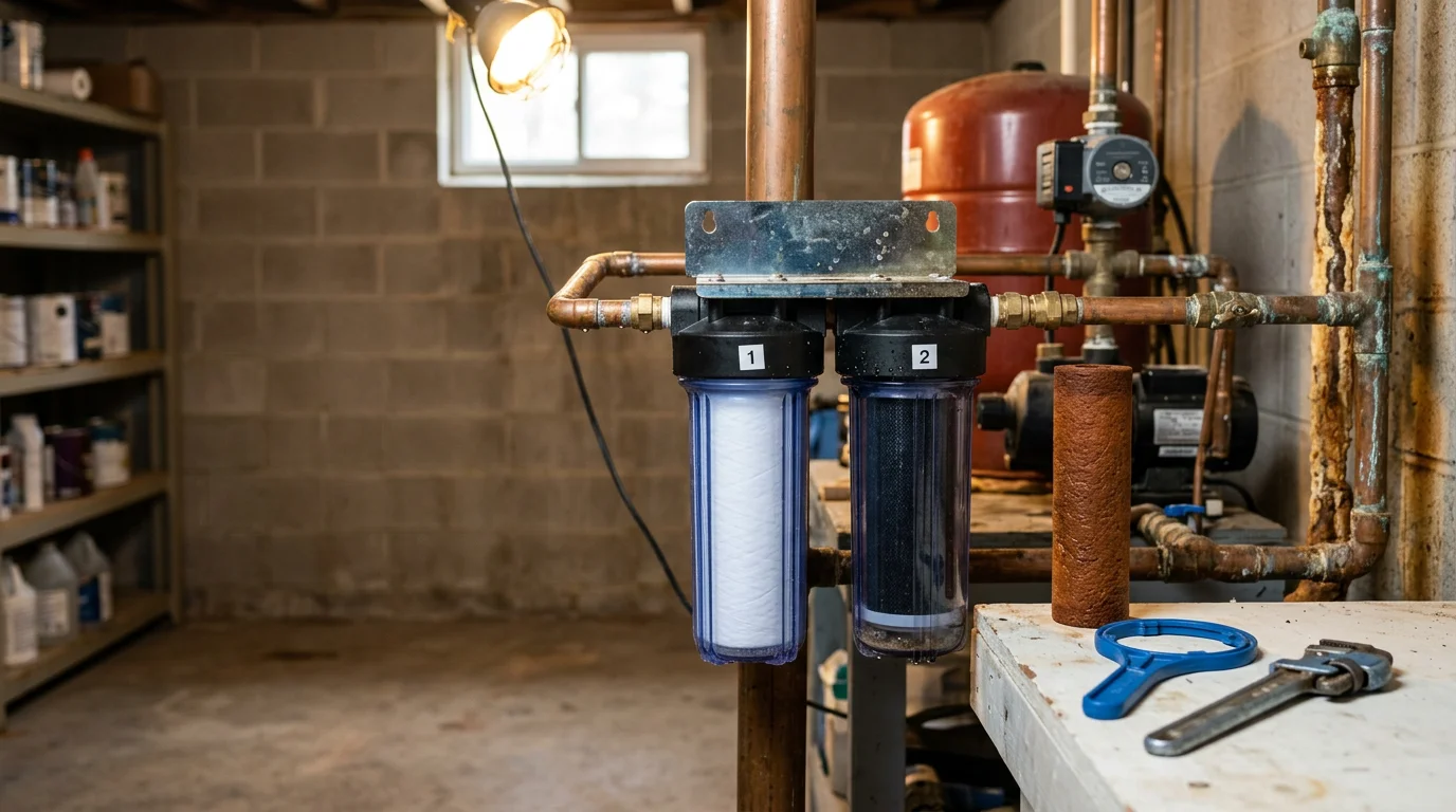 A technician replacing a whole-home water filter cartridge inside a Poconos, PA residence. The image shows the filter housing open with the old cartridge removed and a fresh replacement ready to install.
