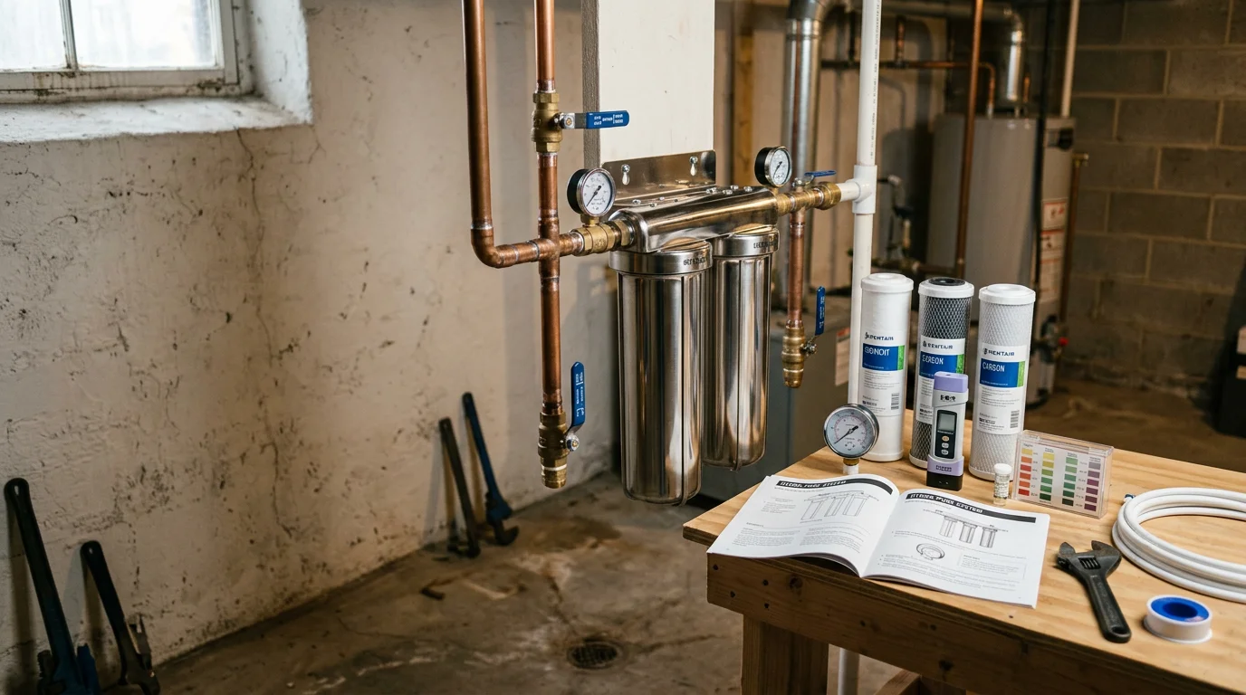 A whole-home water filtration system installed in the utility area of a residential property in the Poconos, PA. The system connects to the main water supply line, serving a home on a private well in Pike County.