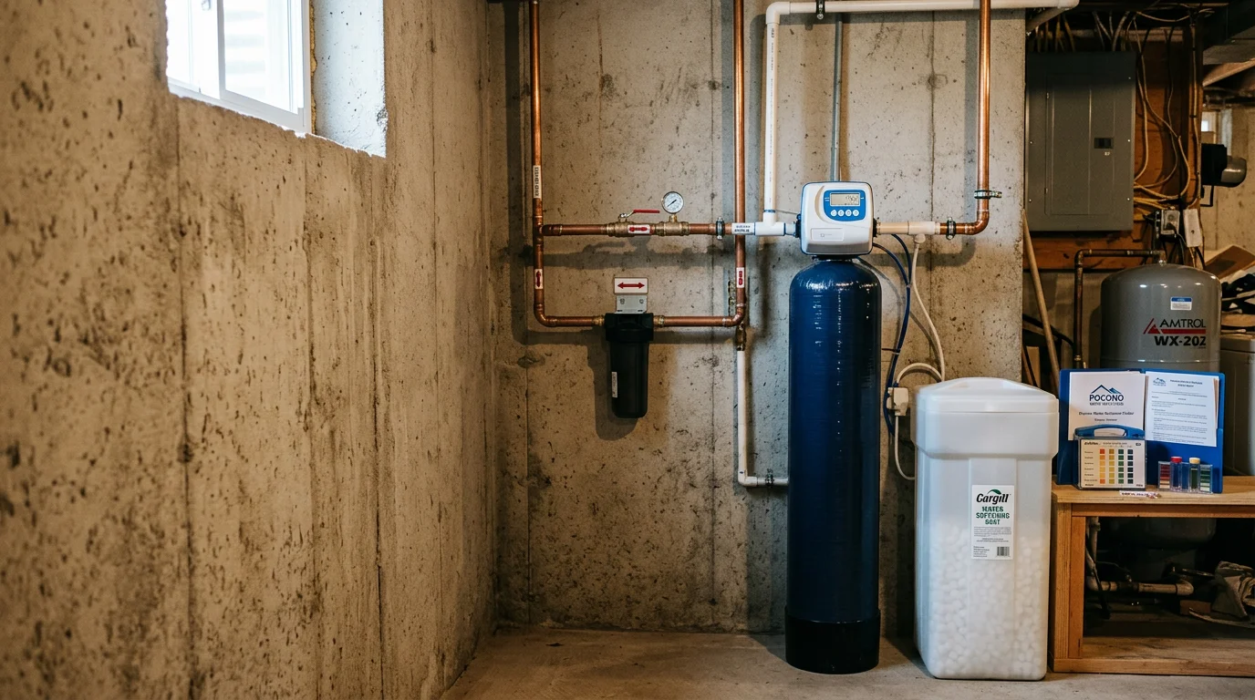 A newly installed water softener system in a utility room of a Poconos, PA home, with supply lines connected and the unit positioned next to a water heater. The installation serves a residential property on a private well in the Pocono Mountains region.