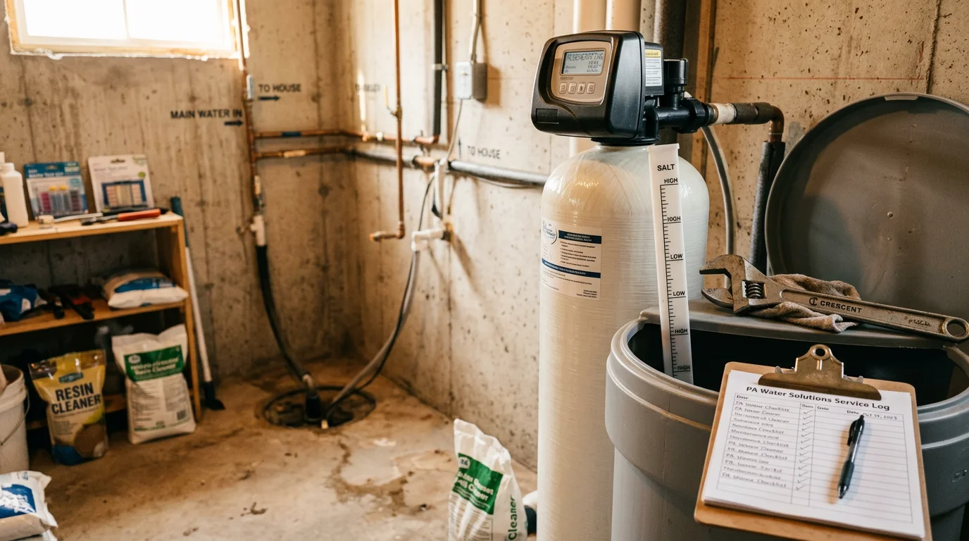 A water softener system installed in a Poconos, PA home utility room, showing a brine tank and resin tank being inspected during a routine maintenance visit. A technician checks the control valve and salt level inside the brine tank.