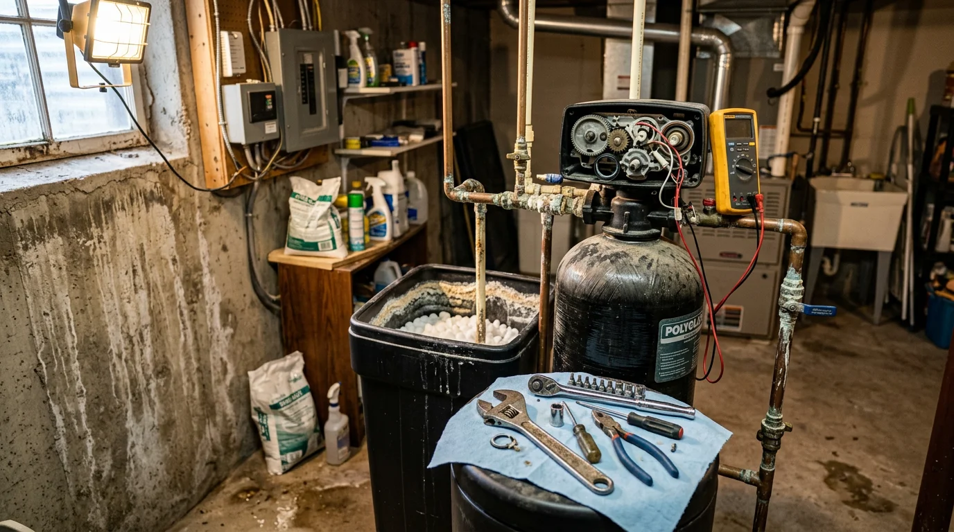 A water softener unit being inspected and repaired in a utility room of a Poconos, PA home. A technician examines the brine tank and control valve to restore proper softening function.