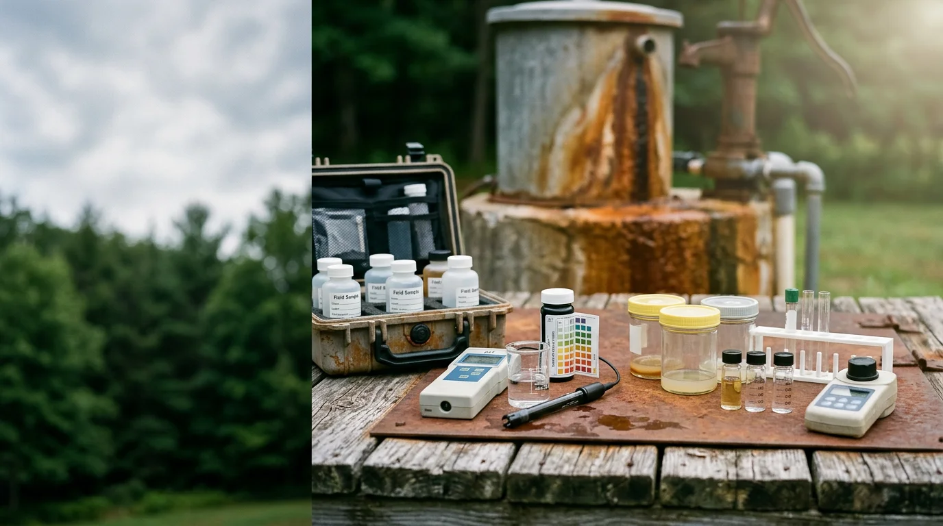 A water testing kit and sample collection bottles on a kitchen counter in a Pocono Mountains home. A technician reviews water test results with a homeowner in a rural Pike County property.